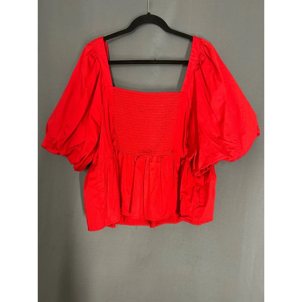 Cottagecore Red Puff Sleeve Peplum Top Square Neck Cotton Poplin Blouse XXL